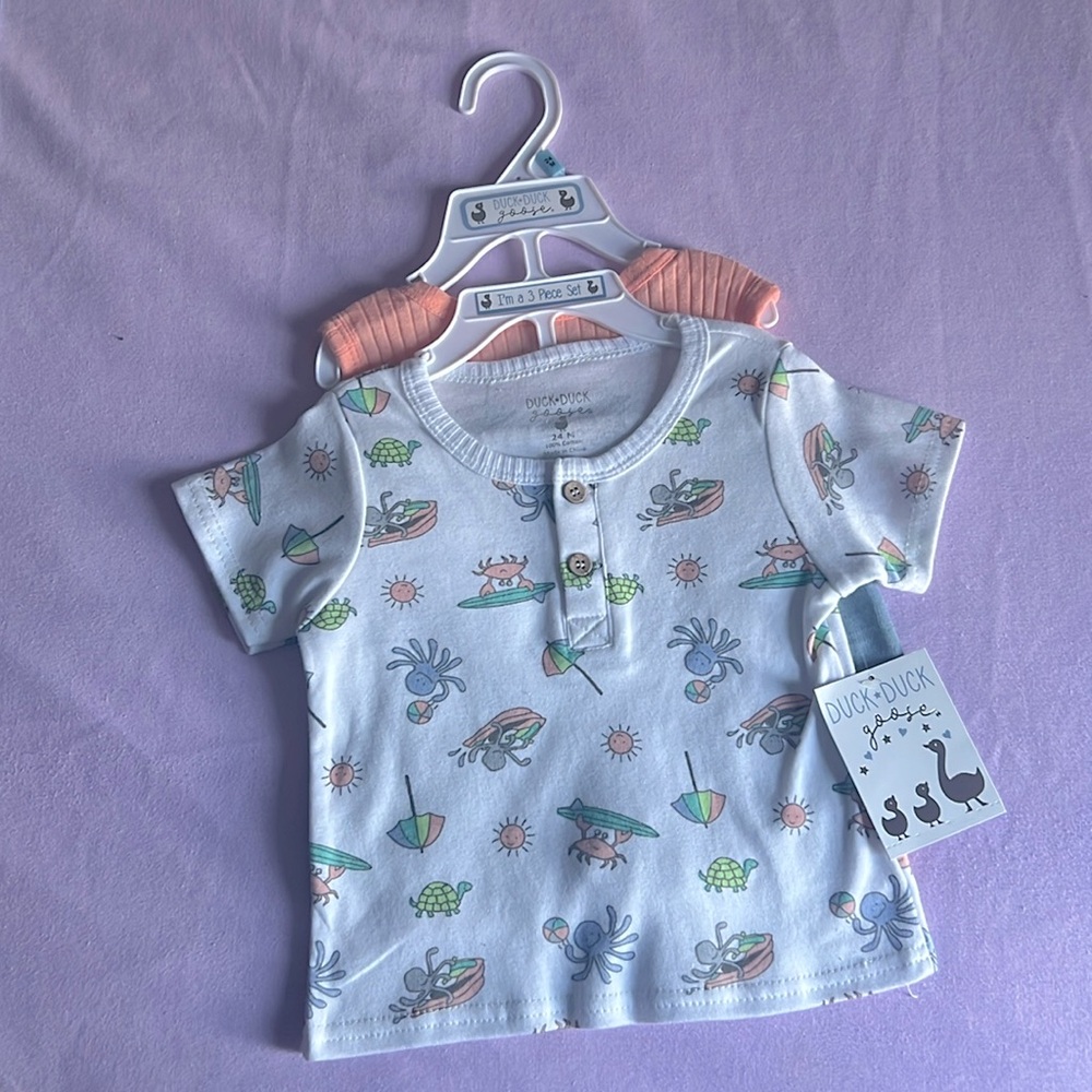 New Duck Duck Boy’s 3 Piece set 2 shirts and shorts 24 month